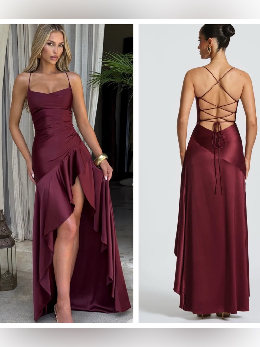 NWT Babyboo Samira maxi dress cherry lacquer burgundy S satin high slit party